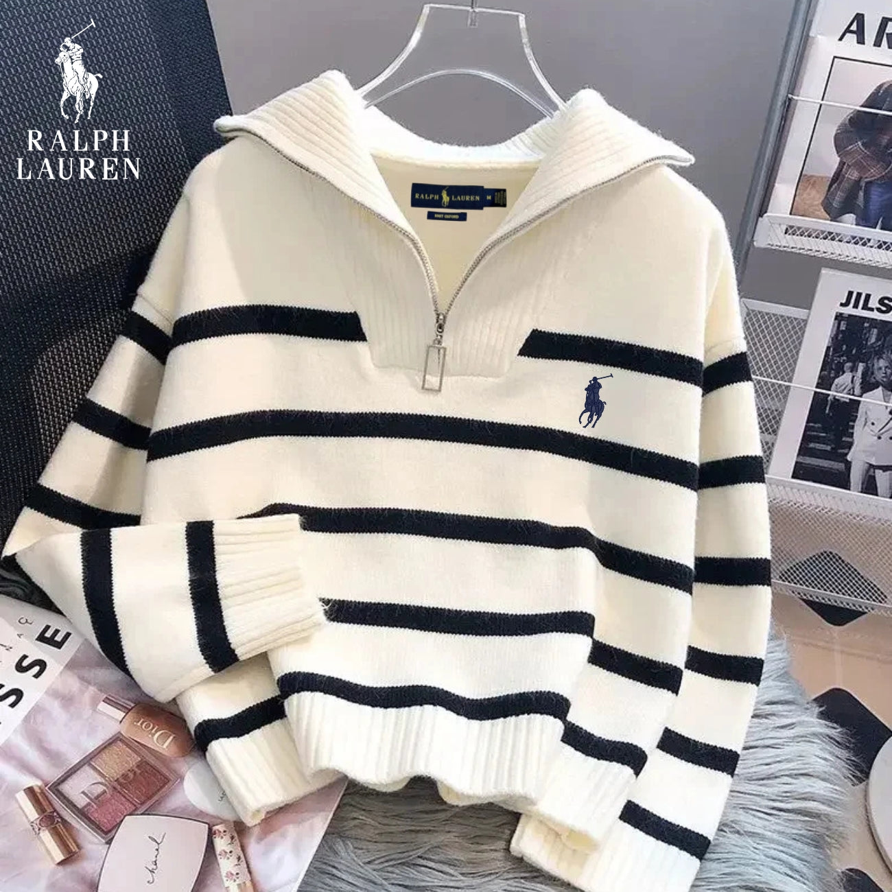 Striped Sweater - Zip Collar