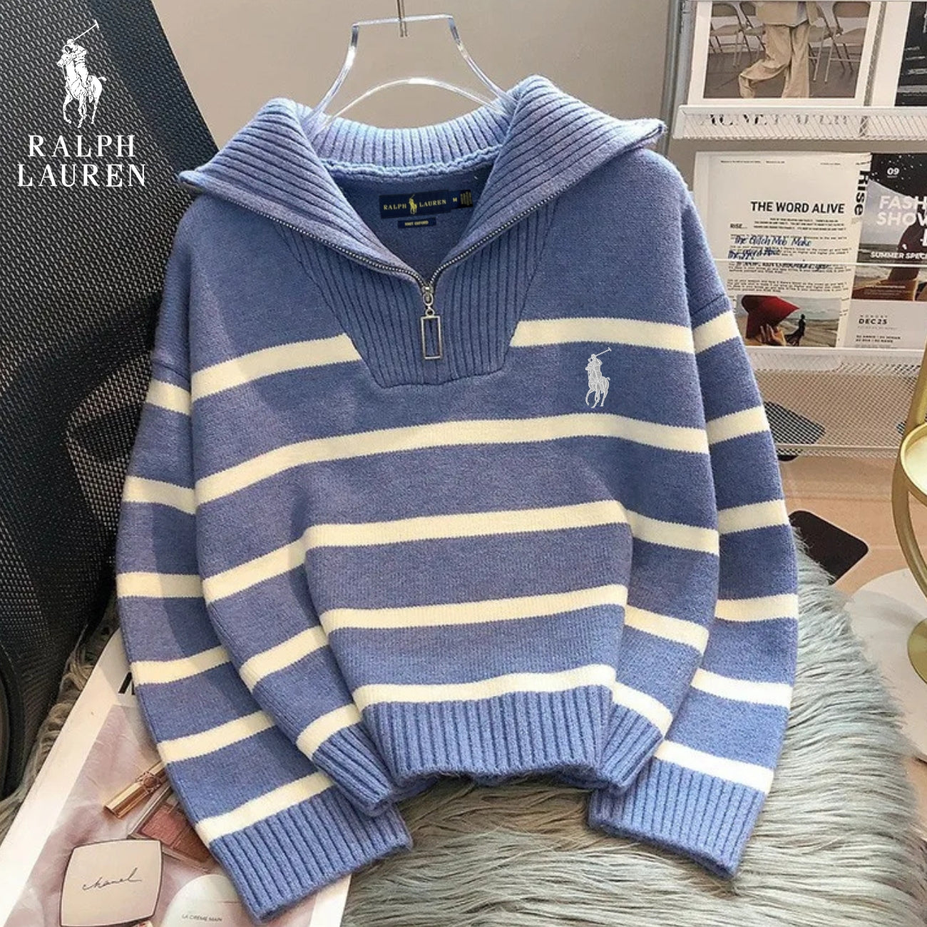 Striped Sweater - Zip Collar