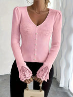 Maglia a Coste con Scollo a V e Maniche in Pizzo