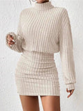 Abito Knit a Costine con Collo Alto